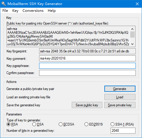 MobaXterm 的 MobaKeyGen 工具生成 SSH key