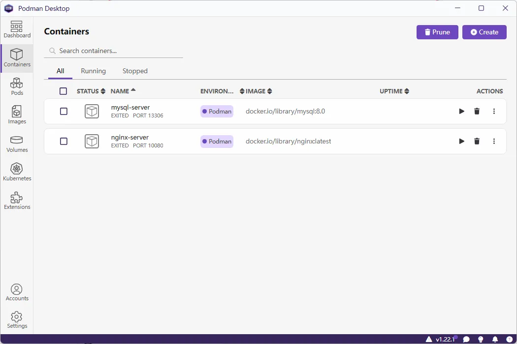 Podman Desktop 容器 Containers